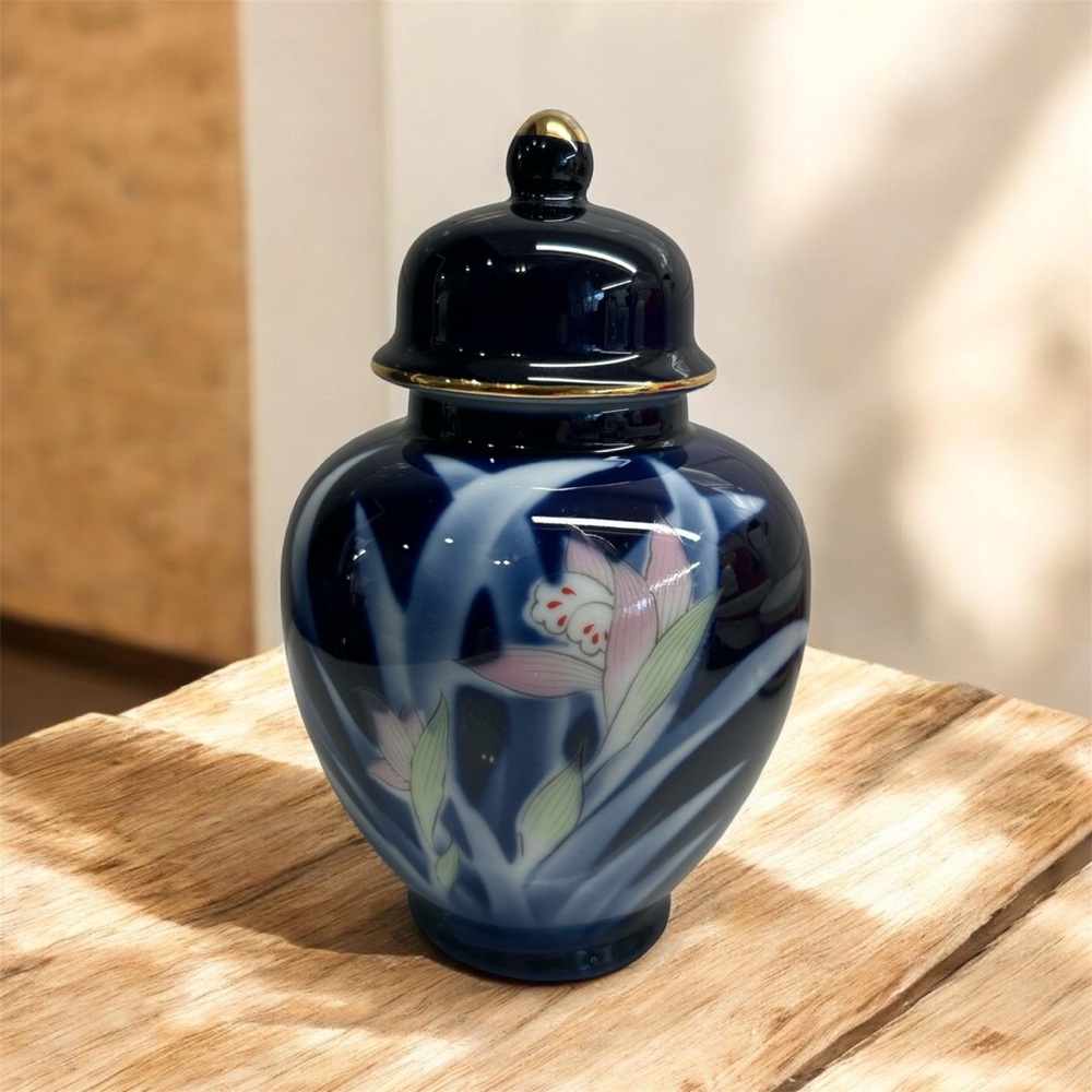 Vintage Japanese Cobalt Blue Ginger Jar Hand Painted Pink Iris With Gold Trim